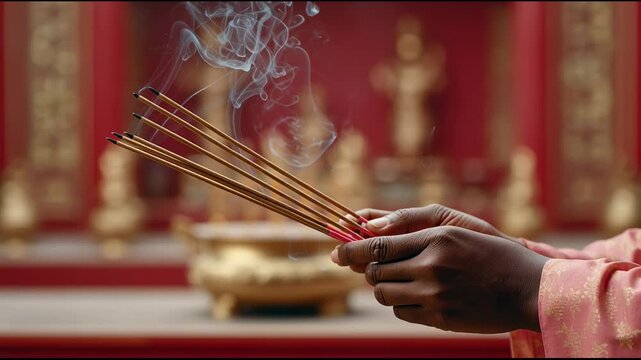 Hands holding smoking incense sticks in chinese temple. Religious ritual performance. Praying devotion and sanctuary zen meditation culture concept.