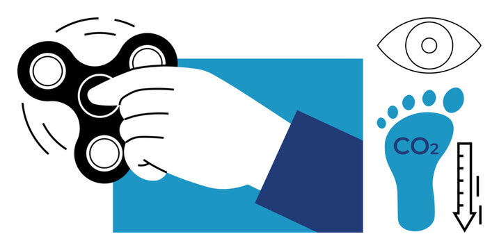 Stress relief, carbon footprint, environmental health, observation, sensory input, climate awareness. A hand spinning a fidget spinner, an eye icon CO2 measurement and thermometer. Stress relief