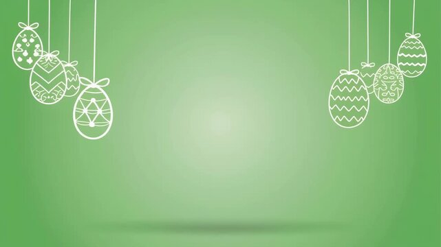A festive Easter background featuring a collection of intricately decorated white Easter eggs hanging from delicate strings against a soft green gradient.