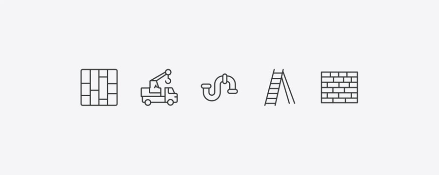 construction tools outline icon set. thin line paving, truck with crane, double ladder, brick wall icons. editable vector