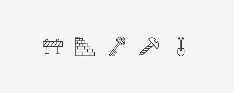 construction outline icon set. thin line road barrier, birck wall, screw, big shovel icons. editable vector