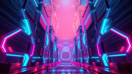 Obraz premium Futuristic corridor glows with vibrant neon lights. Pink, blue hues create dramatic perspective, sleek design dominates space.