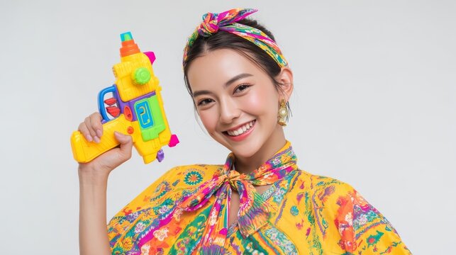 26.Young Asian woman wearing colorful summer outfit smiling while holding plastic water gun, joyful pose, isolated on white background, traditional water festival celebration concept