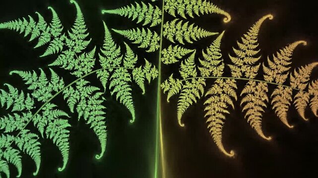 Abstract fractal ferns on split green and gold background