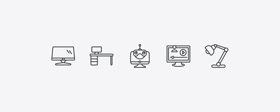computer outline icon set. thin line monitor screen, boss office, video lecture, study lamp icons. editable vector