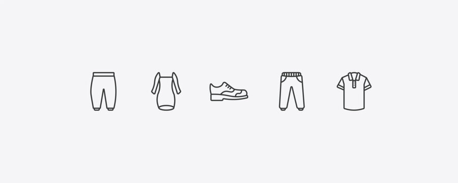 clothes outline icon set. thin line harem pants, long sleeveless dress, sweatpants, polo shirt icons. editable vector