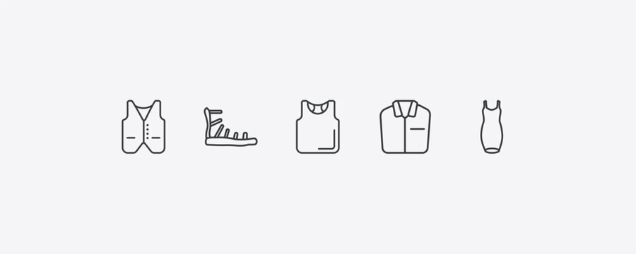 clothes outline icon set. thin line waistcoat, gladiator sandal, formal shirt, cocktail dress icons. editable vector