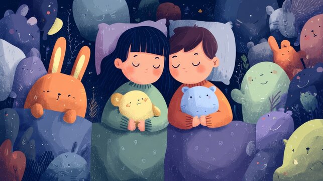 63.Adorable bedtime scene showing children asleep while cuddling favorite plush toys, soft pillows and blankets, calm night mood, simple shapes, pastel tones, high quality vector illustration