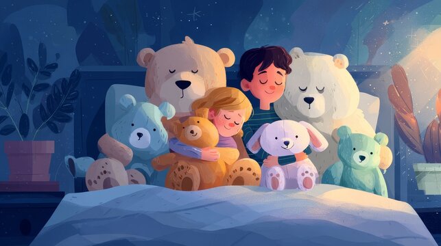 66.Gentle bedtime vector scene featuring children hugging plush toys while sleeping, calm dreamy atmosphere, soft lighting effect, clean modern illustration style
