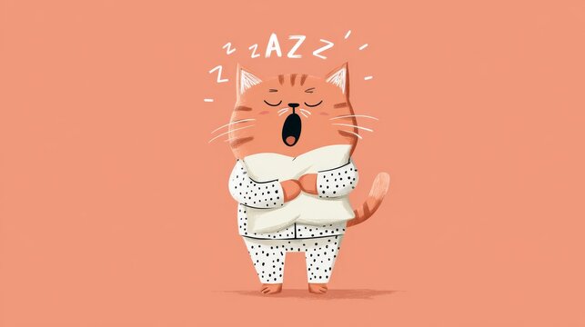 72.Friendly cartoon cat in pajamas hugging pillow and yawning, warm and comforting bedtime theme, playful expression, minimalist vector illustration