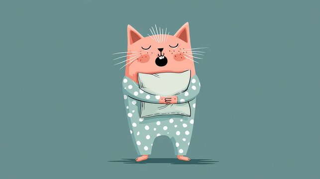 72.Friendly cartoon cat in pajamas hugging pillow and yawning, warm and comforting bedtime theme, playful expression, minimalist vector illustration