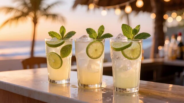 Refreshing lime cocktails with mint and ice served at a tropical beach bar during sunset with relaxed vacation vibes by the sea.