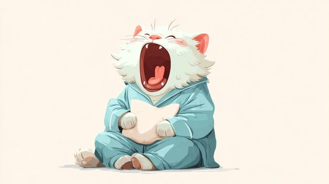 69.Sleepy cute cat character in pajamas holding pillow, big yawn expression, soft color palette, bedtime illustration for children content, smooth outlines