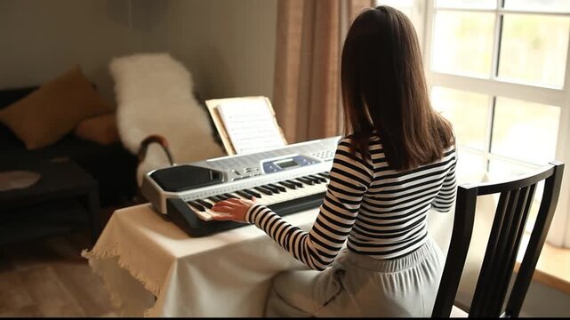 Woman playing music synthesizer with sheet notes at home. Student learning composition on electronic keyboard. Education, hobby and creative process concept