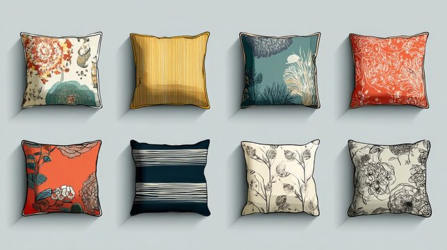 9.Collection of decorative sofa pillows and feathered cushions in modern flat design, detailed fabric patterns, clean outlines, minimal shadows, interior design and comfort concept