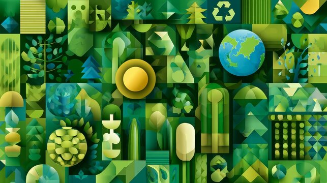 36.Stylish Earth Day vector illustration using geometric forms, eco friendly symbols and green color scheme, flat modern design, sustainable and zero waste concept background