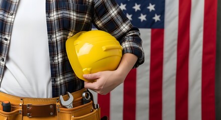 Labor Day Construction worker holding a yellow hard hat with a tool belt against a blurred American flag background