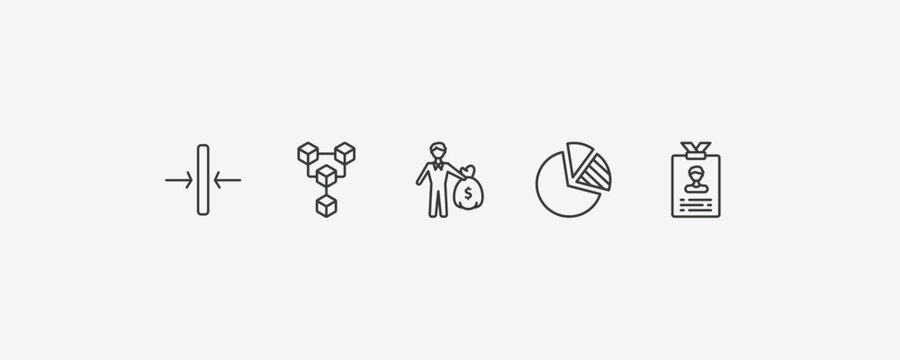 business outline icon set. thin line thin, connection box chart, pie chart diagram, identity card icons. editable vector
