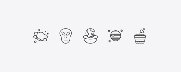 astronomy outline icon set. thin line planet, little extraterrestial, venus with satellite, moonwalker icons. editable vector © Farahim