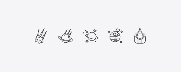 astronomy outline icon set. thin line aerolite, space collision, destroyed planet, astronaut ingravity icons. editable vector © Farahim
