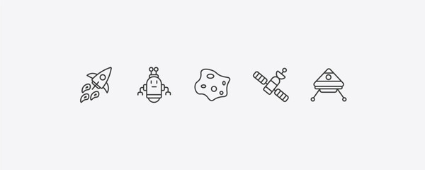astronomy outline icon set. thin line rocket flying, space robot, inclined satellite, space capsule icons. editable vector © Farahim