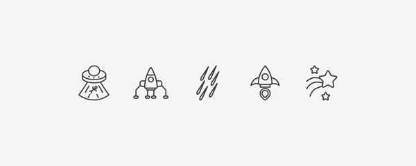 astronomy outline icon set. thin line abduction, space lander, aerospace, shooting star icons. editable vector © Farahim