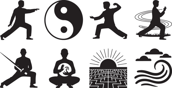 Tai chi martial arts and meditation icons set in solid style with ying yang on white background