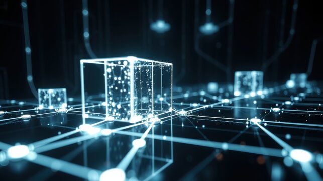 Abstract digital network. Glowing cubes connect via bright lines. Futuristic technology concept, dark background emphasizes illumination.