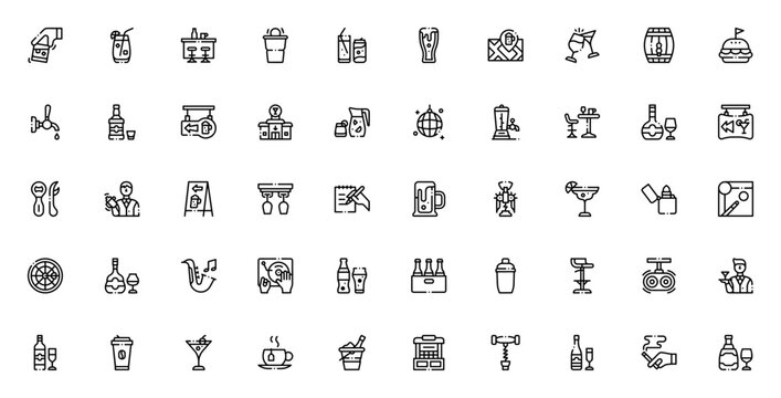 Bar icon set. Minimal vector icons pack. Featuring cocktail, beer, whiskey, wine, bar counter, bartender, pub, cheers, barrel, burger, beer tap, sangria and more. Editable vector stroke.