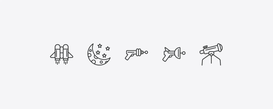 astronomy outline icon set. thin line jet pack, half moon, space gun, big telescope icons. editable vector