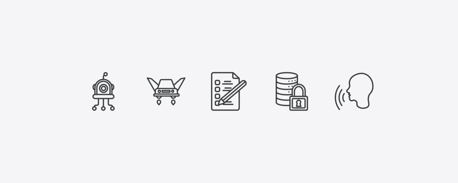 artificial intellegence outline icon set. thin line microbots, fyling vehicle, secure data, voice recognition icons. editable vector
