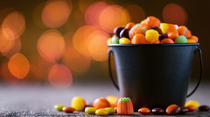 Naklejka premium Black treat bucket overflowing with Halloween candy and colorful sweets on bokeh background