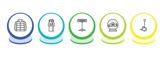 winter outline icon set. thin line anorak vest, coat, electric heater, snow globe icons. editable vector © Farahim