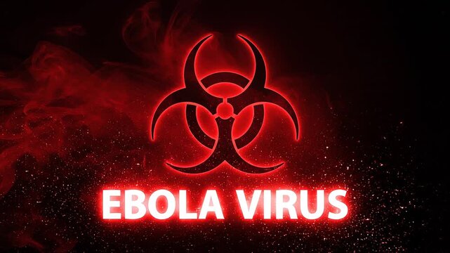 A glowing red biohazard symbol with "EBOLA VIRUS" text on a dark, smoky background, representing a dangerous pathogen.