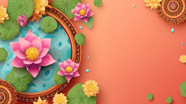 86.Traditional Thai style background for Songkran festival featuring decorative patterns, cultural elements, festive water theme, bright colors, clean layout for posters