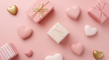 Obraz premium 40.Minimal Valentine flat lay composition featuring gift boxes and hearts, soft pastel pink background, balanced layout, modern holiday stock photography