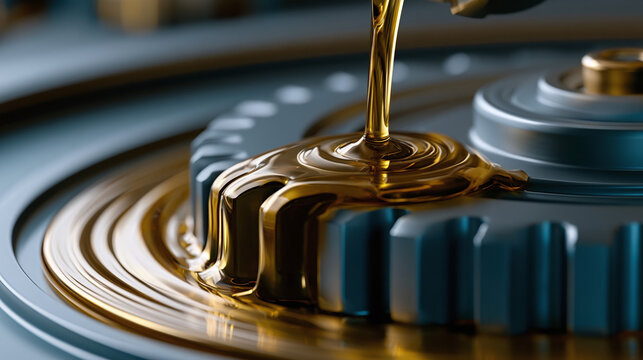 Engine gear lubrication oil pouring on metal cogwheel. Industrial transmission machine rotating with golden liquid maintenance. Automotive mechanism technology working in slow motion