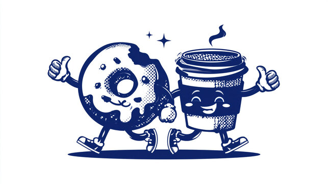 Duo of Delight: A cheerful donut with a bite taken out and a steaming cup of coffee, depicted as anthropomorphic characters, walk arm in arm, sharing a moment of pure happiness.