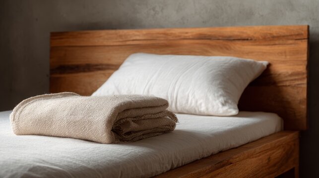 99.Simple wooden single bed featuring smooth wood texture, white pillow and folded blanket, neutral background, modern minimal bedroom design, calm and tidy mood