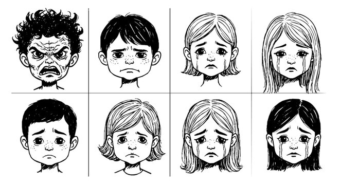 childrens faces in an emotional illustration showing sadness anger and crying depicting various childhood feelings