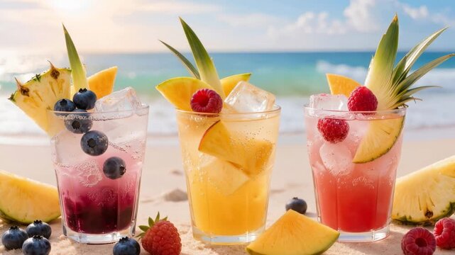 Colorful tropical cocktails with pineapple, raspberry and blueberry served on sunny beach for refreshing summer vacation lifestyle concept