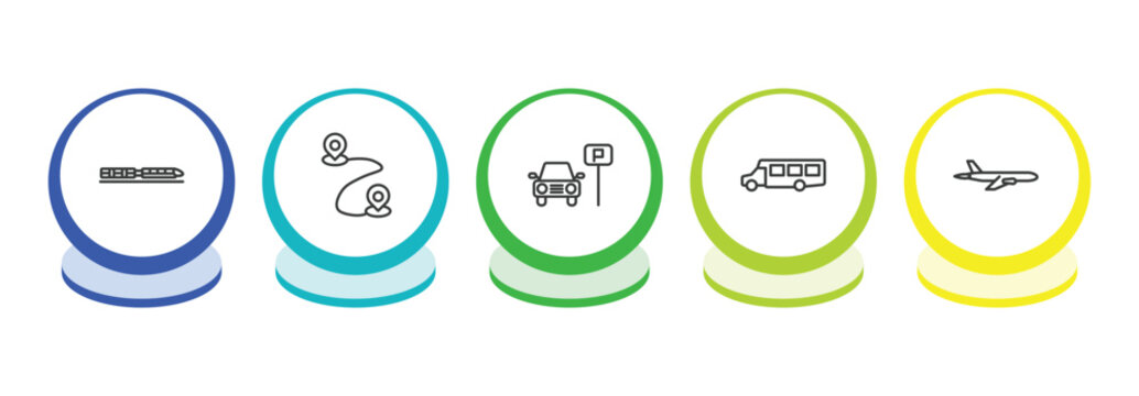 transportation outline icon set. thin line monorail, way, car parking, airport shuttle icons. editable vector
