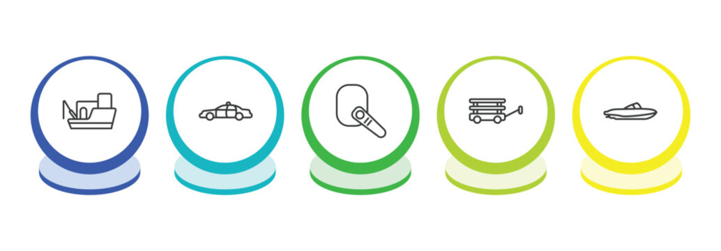 transportation outline icon set. thin line fishing boat, police car, hands free device, wagon icons. editable vector