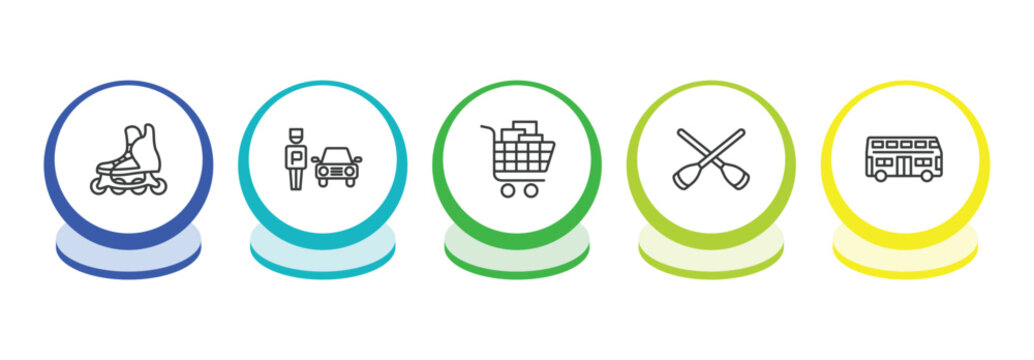 transportation outline icon set. thin line inline skates, parking men, cart with boxes, rowing icons. editable vector