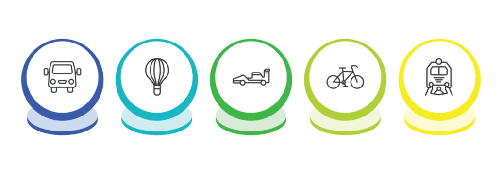 transportation outline icon set. thin line van front view, hot air balloon, formula 1, bikes icons. editable vector
