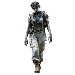 Fototapeta premium Scary Military Female Zombie on Transparent Background Isolated