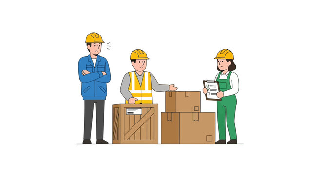 Warehouse workers with boxes and clipboard, logistics and delivery team