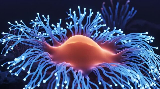 Bioluminescent sea anemone with glowing blue tentacles in dark water