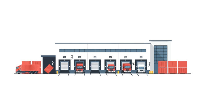 Modern Warehouse Loading Docks with Trucks and Cargo Boxes, Logistics Concept