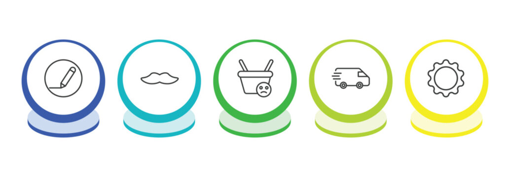tools and utensils outline icon set. thin line edit tools, moustaches, empty shopping basket, postage icons. editable vector
